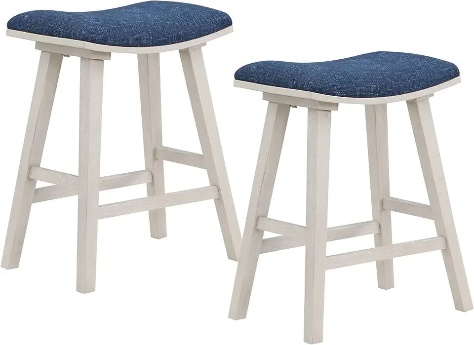 OSP Home Furnishings Coley 24-inch Counter Height Saddle Stool with Padded Seat, Set of 2, Navy Fabric with White Wash Frame