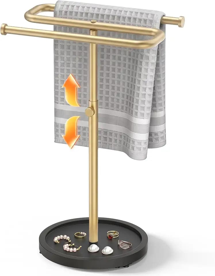 Aetyord S-Shape Countertop Towel Holder - Height Adjustable for Bathroom/Kitchen/RV | Rustproof Metal & Wood Base Gold