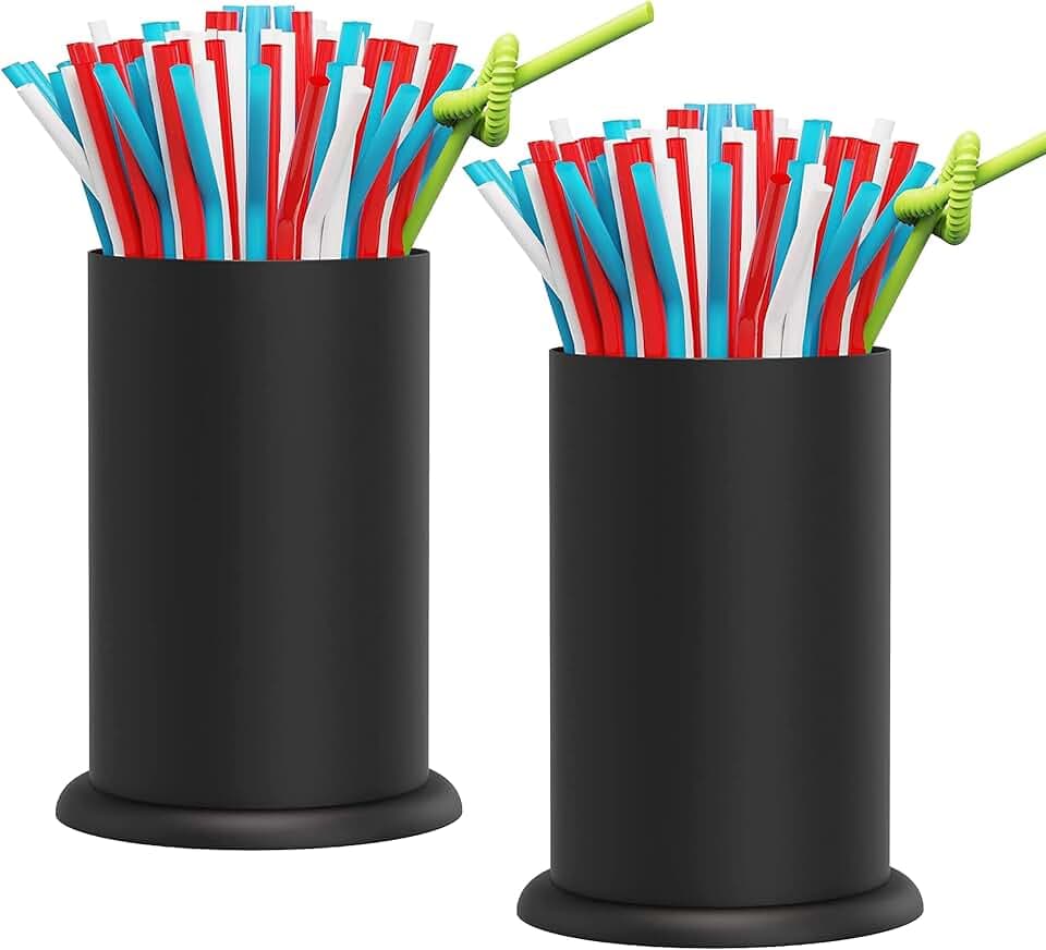MyLifeUNIT Straw Holder Dispenser, Stainless Steel Kitchen Utensil Organizer 6.7" x 4.9", Black (2 pack)