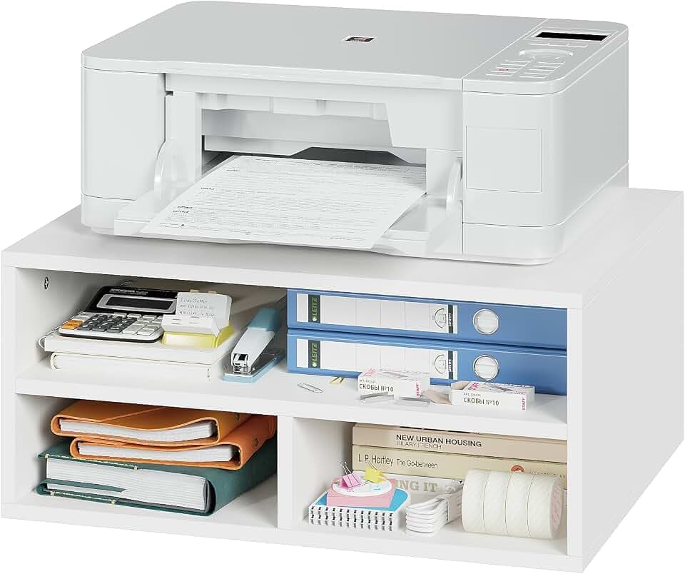 ALISENED Printer Stand for Desk, 2-Tier Wooden Desk Organizer, White