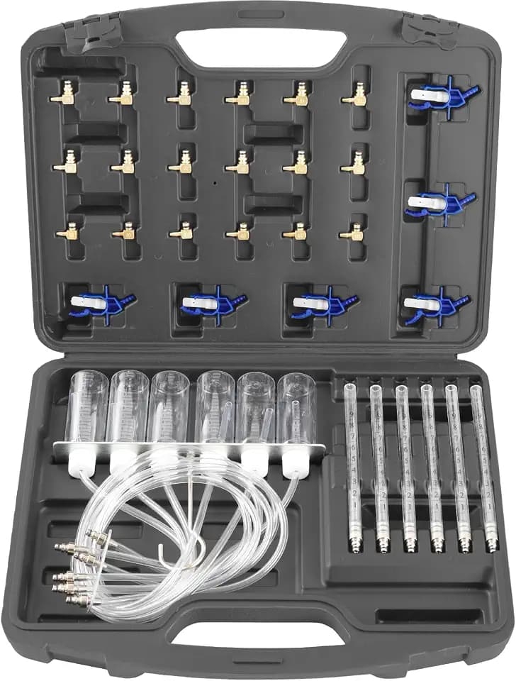 TECPO Einspritzdüsen Werkzeug, Common Rail Tester mit 24 Adaptern, Rücklaufvolumenmessung über 6 Glaskolben & 6 Messbecher, für bis zu 6 Injektoren, 70 cm Anschlussschlauch auf Aluleiste, im Koffer