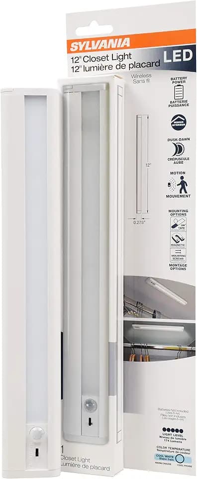 Sylvania 12" Dusk to Dawn LED Battery Powered Closet Light with Motion Sensor, 22 Year, 174 Lumens, 4000K, Cool White, Batteries Not Included - 1 Pack (64998)