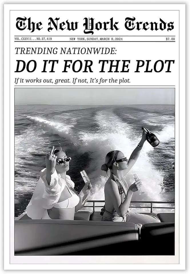 Retro New York Trends Wall Art Black and White Newspaper Poster Do It for The Plot Canvas Prints Funky Feminist Posters Trendy College Wall Decor for Bar Cart Hot Girl Dorm Room Decorative 12x16inch Unframed