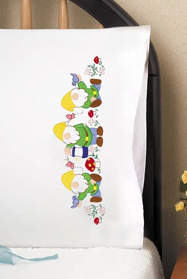Tobin Gnomes Stamped for Embroidery Pillowcases, White