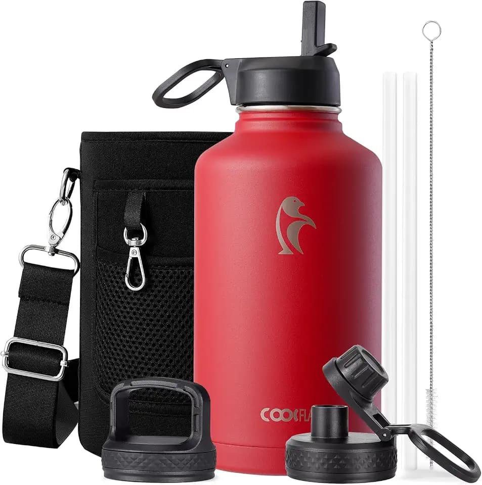 Coolflask Half Gallon Water Bottle Insulated with Straw & 3 Leakproof Lids