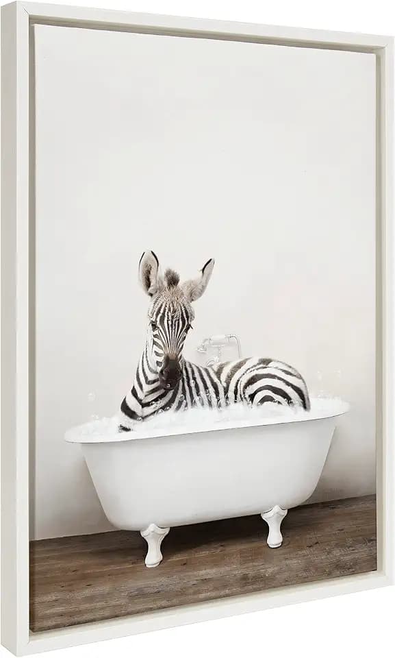 Kate and Laurel Sylvie Baby Zebra in Rustic Bath Framed Canvas Wall Art by Amy Peterson Art Studio; 18x24 White; Modern Fun Decorative Bathtub Wall Art for Home Décor
