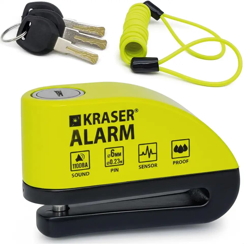 KRASER WA6Y Bremsscheibenschloss mit Alarm 110 dB, Verstärkt, 3 Schlüssel (2 Ersatz) Hochsicherheits Motorrad Schloss, Wasserdicht,1.5m Rückrufkabel, Tasche, Universal Motorradschloss, Fahrradschloss