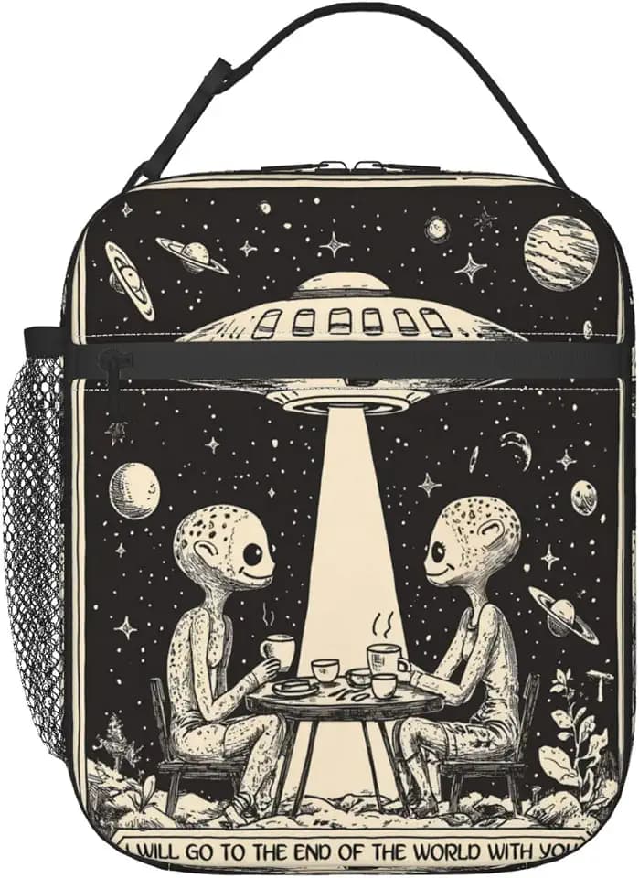 Reusable Alien Romance Lunch Box for Kids Girls Women Adult, Insulated Ufo Cosmic Cafe Retro Lunch Bag,Polyester Cooler Handbags Case for School Picnic Work Travel Beach or Hiking