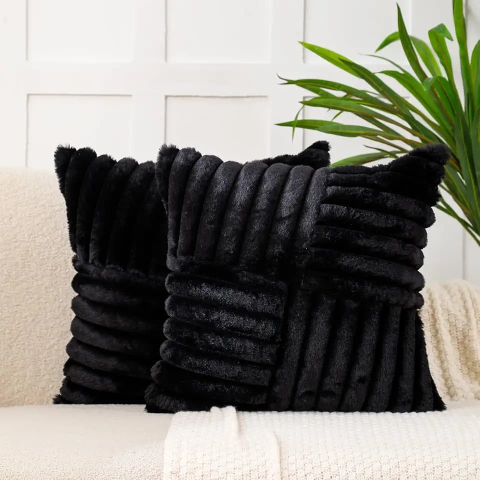 All Smiles Black Faux Fur Decorative Throw Pillow Covers 22x22 Set of 2