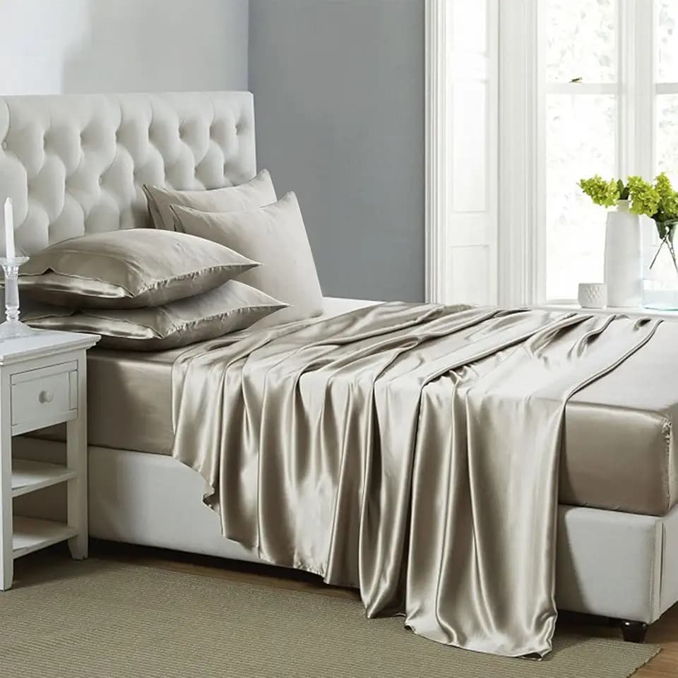 Silk like Satin Sheets, Queen Size Bed Sheet Set, Taupe, 6 Piece