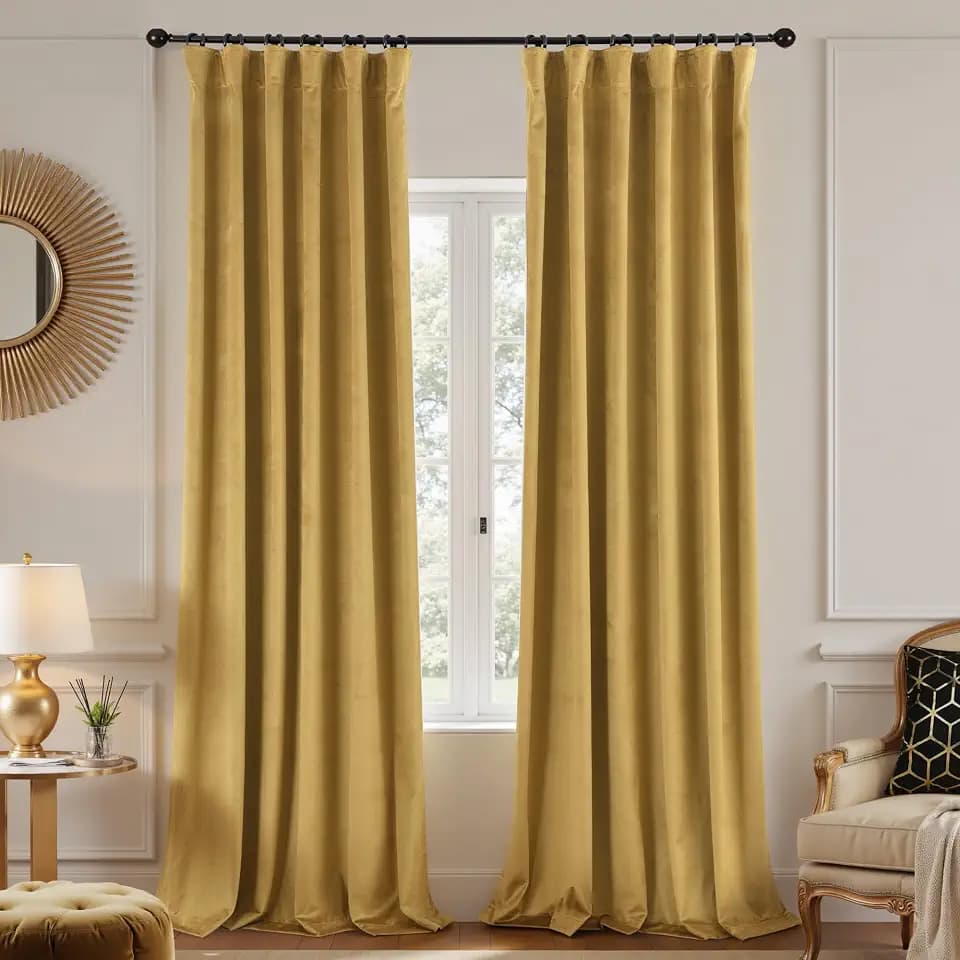 KOUFALL Gold Velvet Curtains 108 Inches Long for Living Room, Luxury Pleated Blackout Floor to Ceiling Curtain for Track System, 9FT 9 FT Lengh, 2 Panels Set