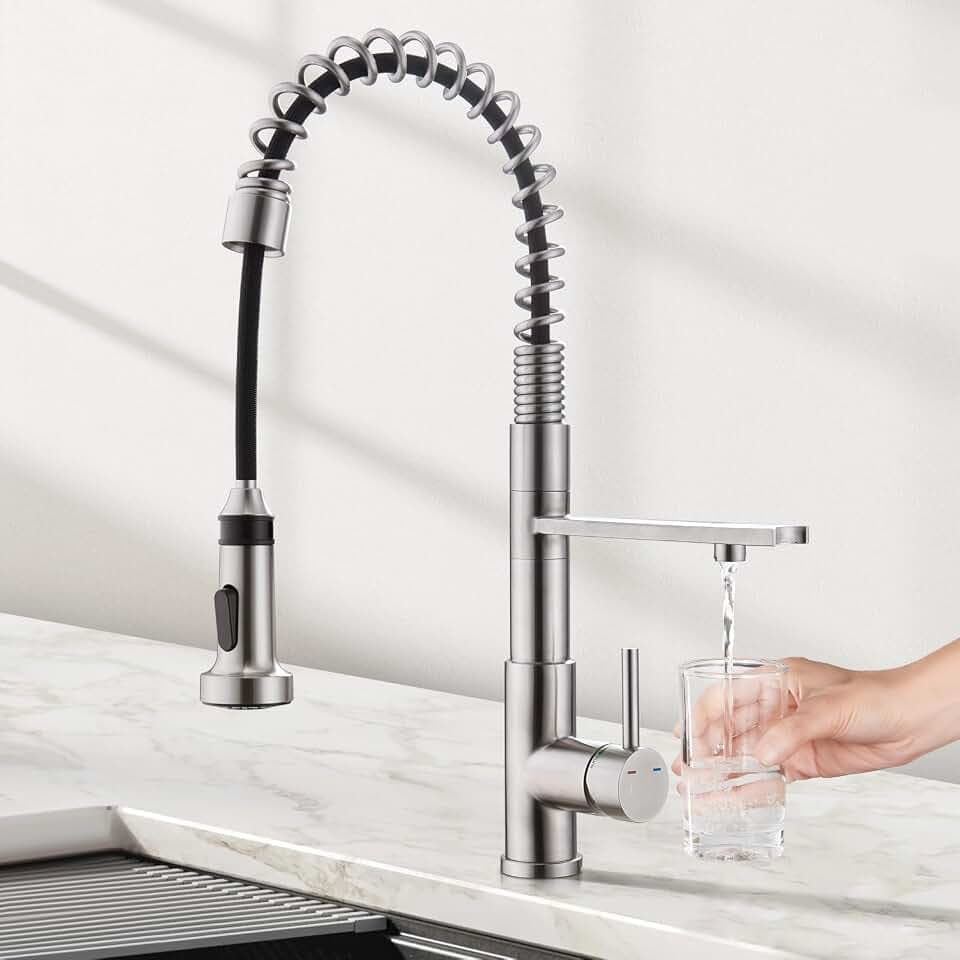 CREA 3-Way Kitchen Faucet, Brushed Chrome, Pull-Out, 20-Inch Flexible Hose, Single Lever Control, 5-Layer Stainless Steel Body, Advanced Ceramic Valve Core, 3/4-Inch Spout