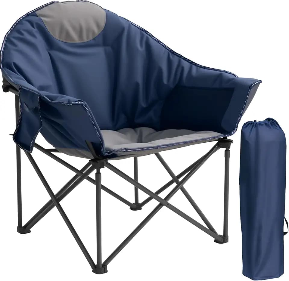 Oversized XL Camping Chairs Heavy Duty 500 LBS Capacity, 35" Extra Large Padded Folding Moon Saucer Chair for Adults, Portable Outdoor Patio Lawn Beach Lounge Chair Quick Setup 4" Cup Holder, Blue