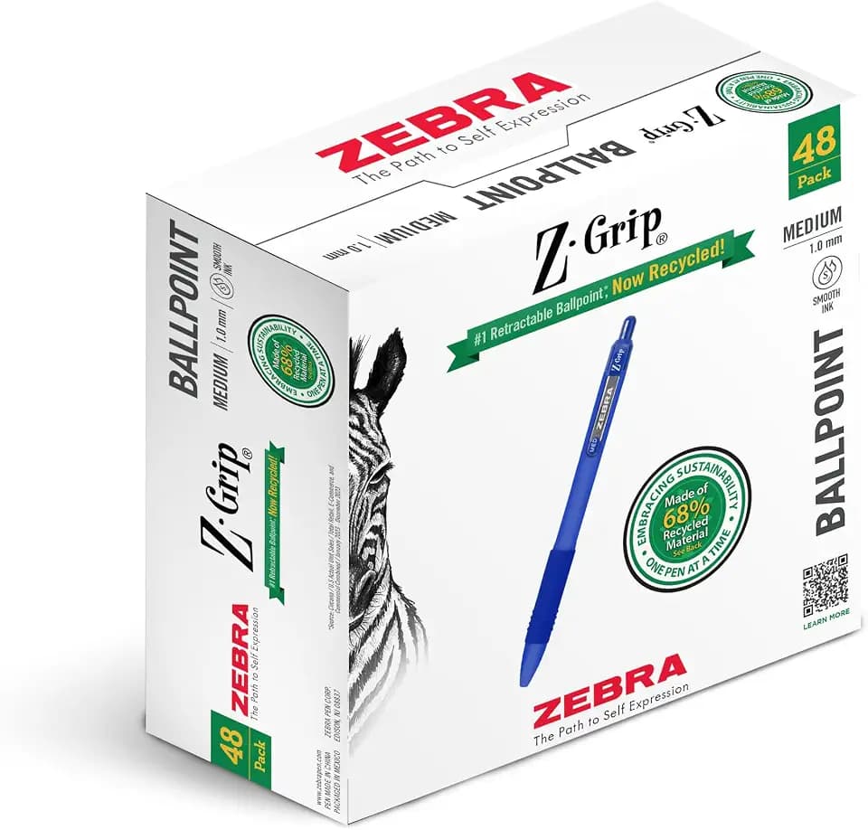 Zebra Pen Z-Grip Recycled Ballpoint Pen, Blue Ink, 1.0mm, 48 Bulk-Pack