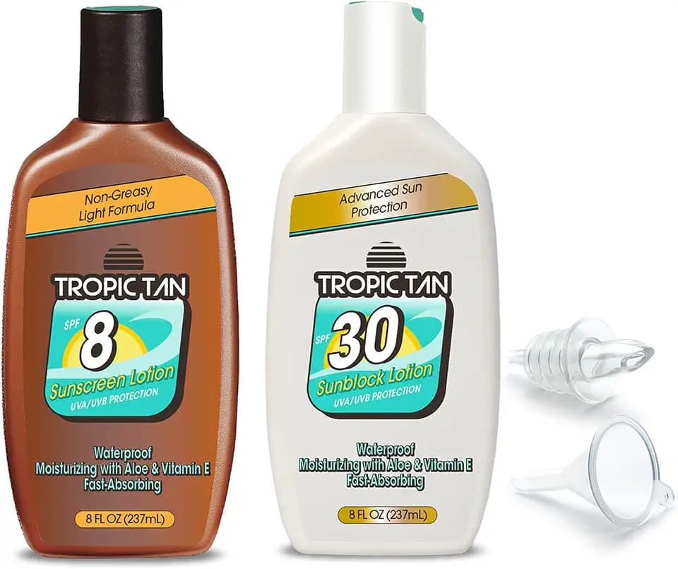 GoPong Tropic Tan Sunscreen Bottle Flask 2 Pack (16 oz Total) - Hidden Alcohol Travel Flasks - Secret Liquor Containers for Beaches, Cruises, and Sports Events – Includes Funnel & Spout