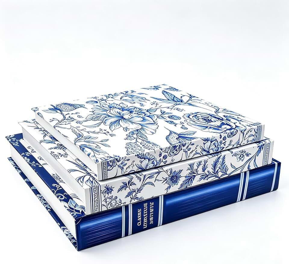 3 Pcs Chinoiserie Flower Decorative Books Blue and White Faux Books for Home Decor Vintage Bookshelf Rustic Aesthetic Fake Book Storage Boxes with Magnetic for Christmas decoration gift