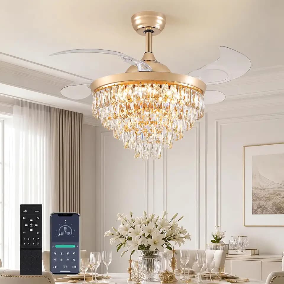 42" Crystal Fandelier Dimmable, 6 Speeds, Retractable Rose Gold Ceiling Fans with Lights and Remote Luxury Chandelier Fan for Bedroom Dining Room Living Room