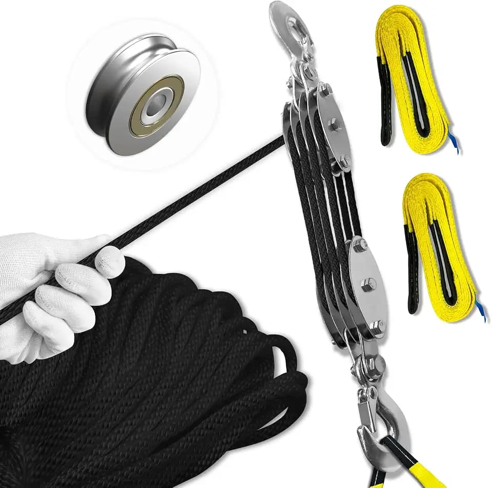 Block and Tackle Pulley System, Upgraded 4-Wheel Rope Pulley Hoist with 2 Lift Sling Straps, 8:1 Lifting Power, 2200 lbs. WLL with 65Ft of 1/4” Rope, Compact Rope Hoist for Garage and Hunting