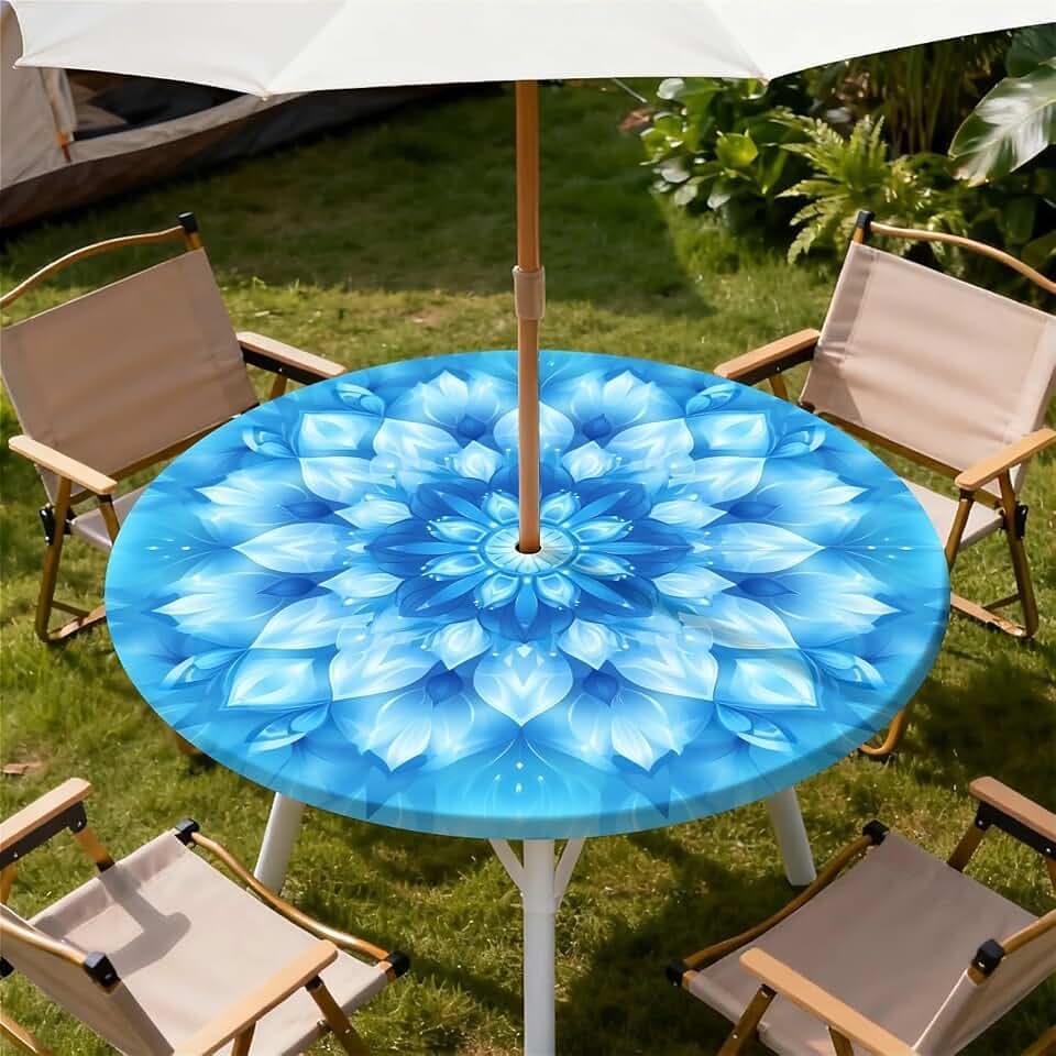 Round Outdoor Tablecloth with Umbrella Hole, Zippered Fitted Waterproof Tablecover with Elastic Edge Fits 53"-60" Round Tables for Patio Picnic Garden Camping Party, Blue Mandala Pattern