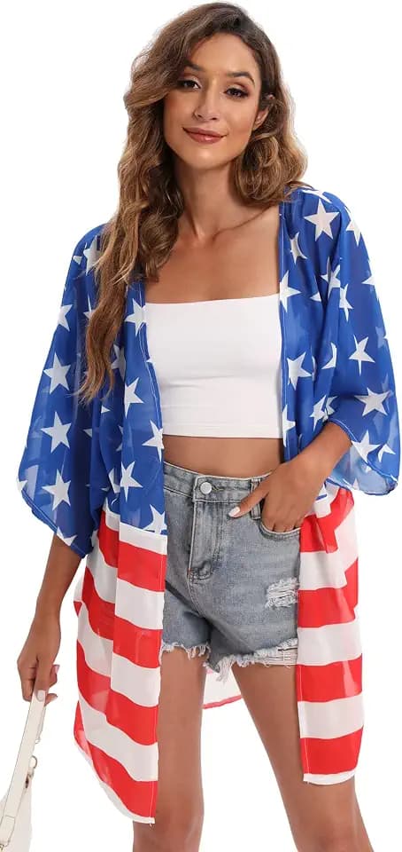 DDSOL Women's American Flag Kimono Cover up Beachwear Cardigan Loose Tops Shirt Blouse