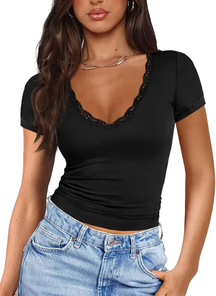Imily Bela Womens Sexy V Neck T Shirts Summer Lace Short Sleeve Slim Fit Y2k Going Out Crop Tops