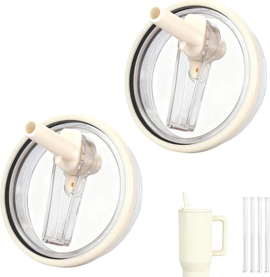 40oz Flip Straw Lid for HydroJug Traveler, Leak Proof Top Cap Replacement for HydroJug Tumbler, BPA-Free Dishwasher Safe Leak Resistant Cap with 4 Straws, Lids Accessories for Hydro Jug, Cream*2