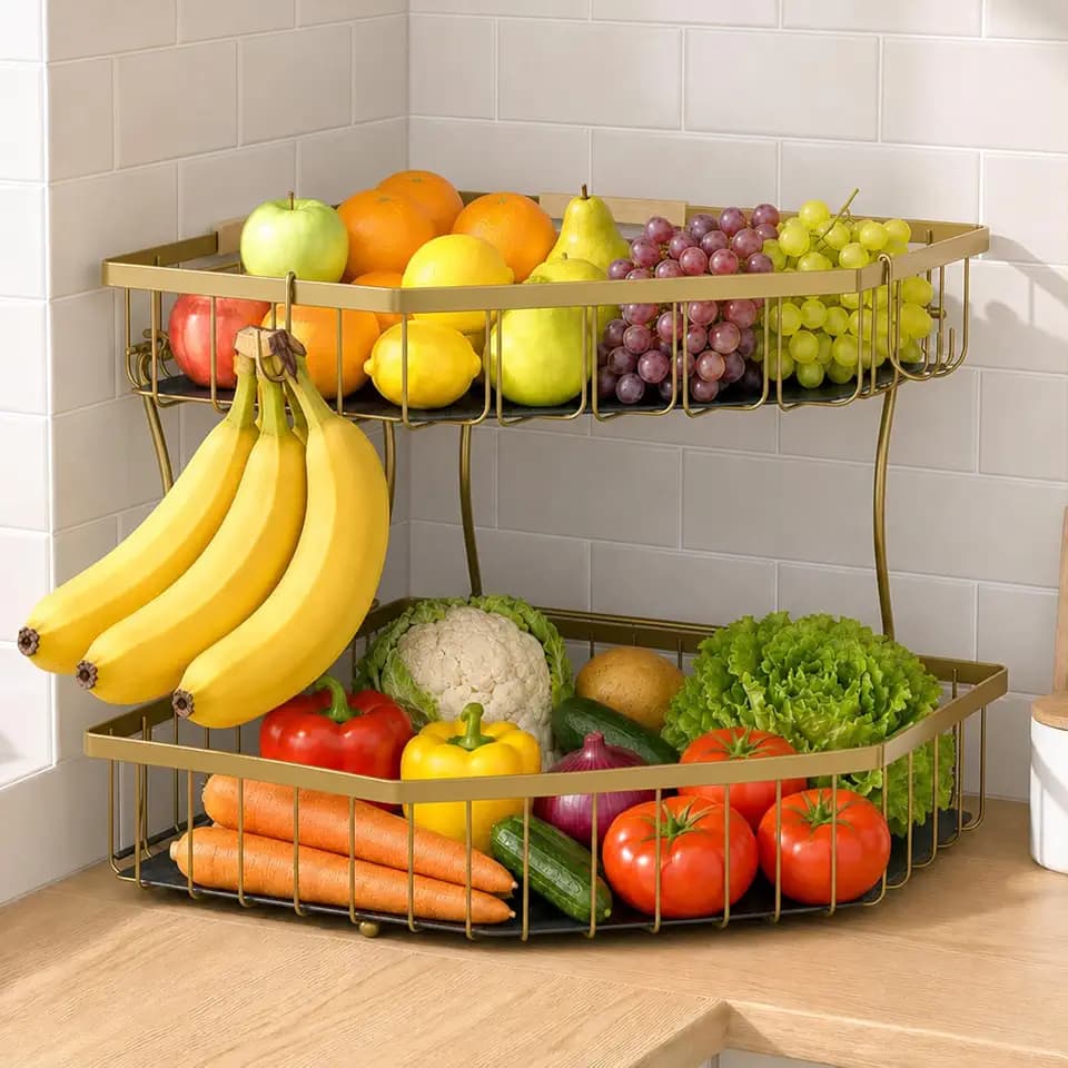 2 Tier Fruit Basket for Kitchen Counter with 2 Banana Hangers for Corner