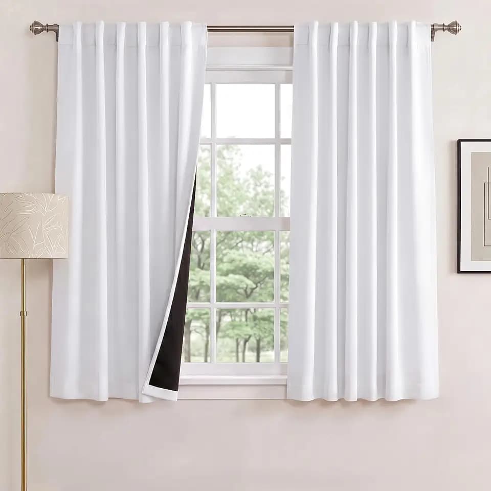 NICETOWN 100% Blackout Window Curtain Panels, Cold and Full Light Blocking Drapes with Black Liner, 45 Inches Drop Thermal Insulated Draperies for Cafe (White, 2 Pieces, 52 inches Wide Each Panel)