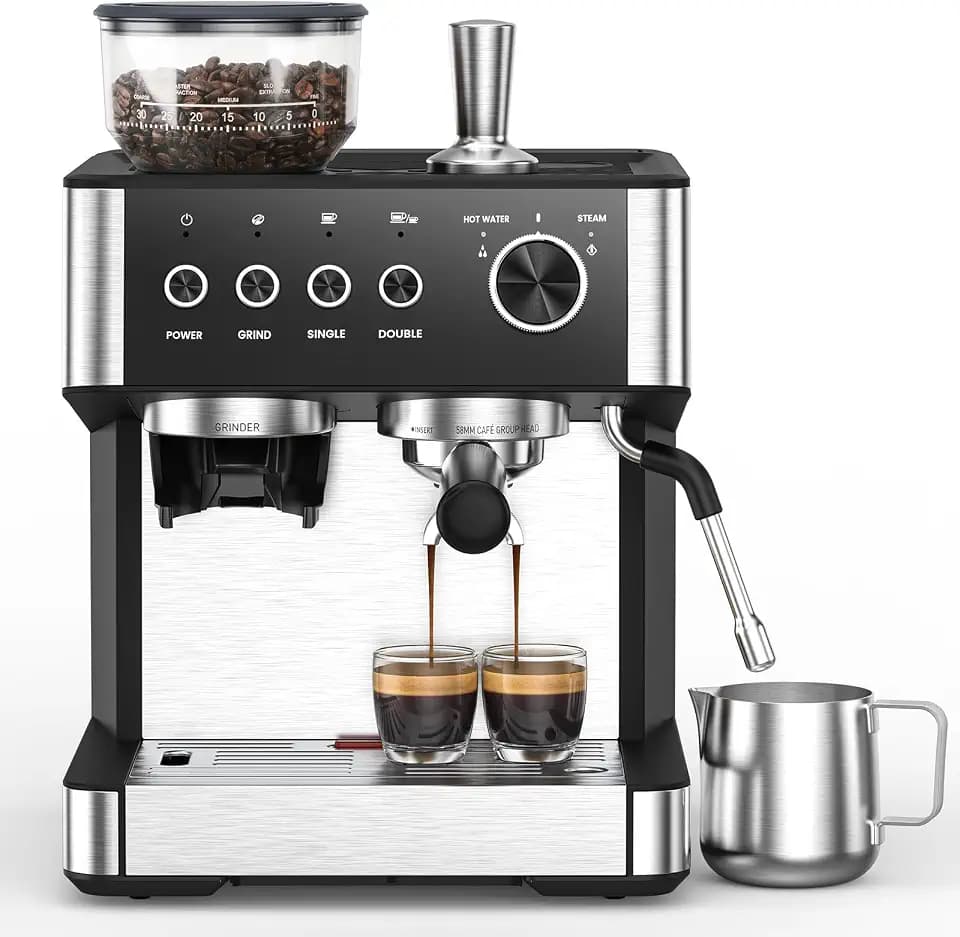 Electactic Espresso Machine with Grinder, 15 Bar Expresso Coffee Machines with Milk Frother Steam Wand, Professional Espresso Maker with Removable Water Tank, Cappuccino & Latte Machine for Home