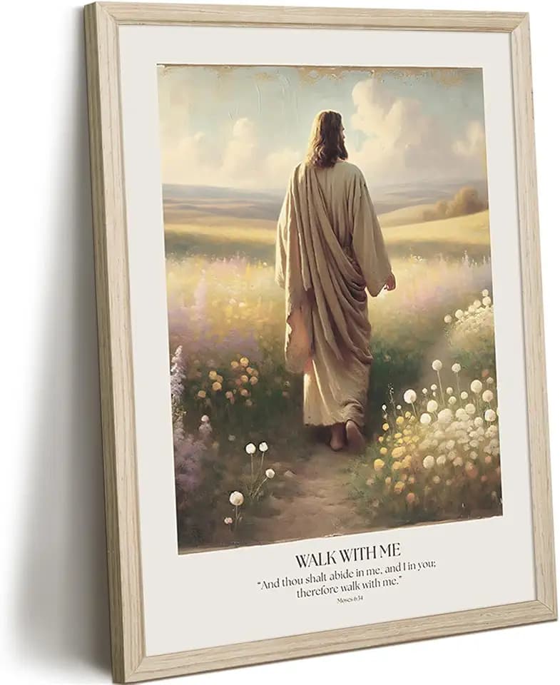 Jesus Walking With Me Wall Art Christian Wall Decor Religious Canvas Pictures Jesus Portrait Poster Catholic Prints Lds Christ Painting for Living Room Bedroom 12x16 Inch Framed