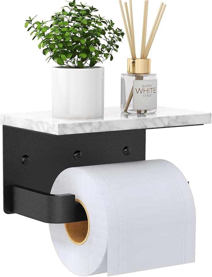Gypie Toilet Paper Holder with Marble Shelf, Wall Mounted Matte Black