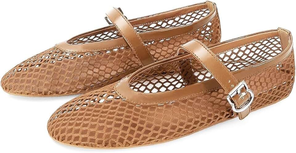 MICIFA Women's Mesh Ballet Flats Fishnet Ballerina Flats Buckle Strap Mary Jane Causal Daily Dress Shoes