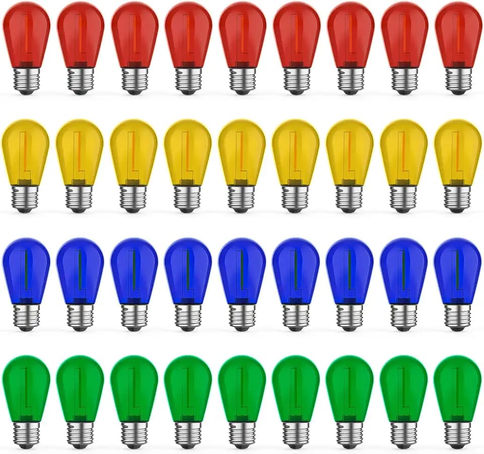 GvvooHome 36 Pack LED S14 Colored Light Bulbs for Outdoor String Lights, Shatterproof 1W Replacement Bulbs for Party Lights, 2200K Warm White, Dimmable, E26 Base, Multi-Color: Red/Green/Blue/Orange
