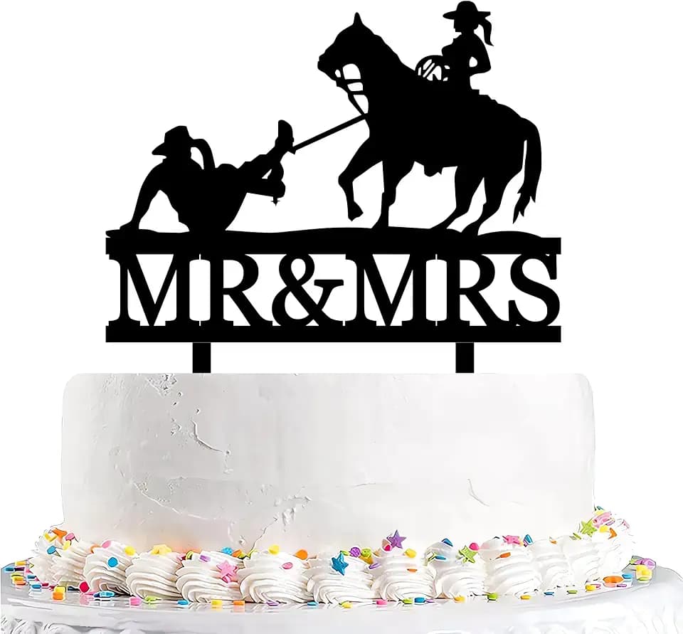Funny Cowboy Wedding Cake Topper,Cowboy Bride Traps Groom to Get Married,Farmer Couple Cake Decor, Rustic Horse Wedding Cake Topper
