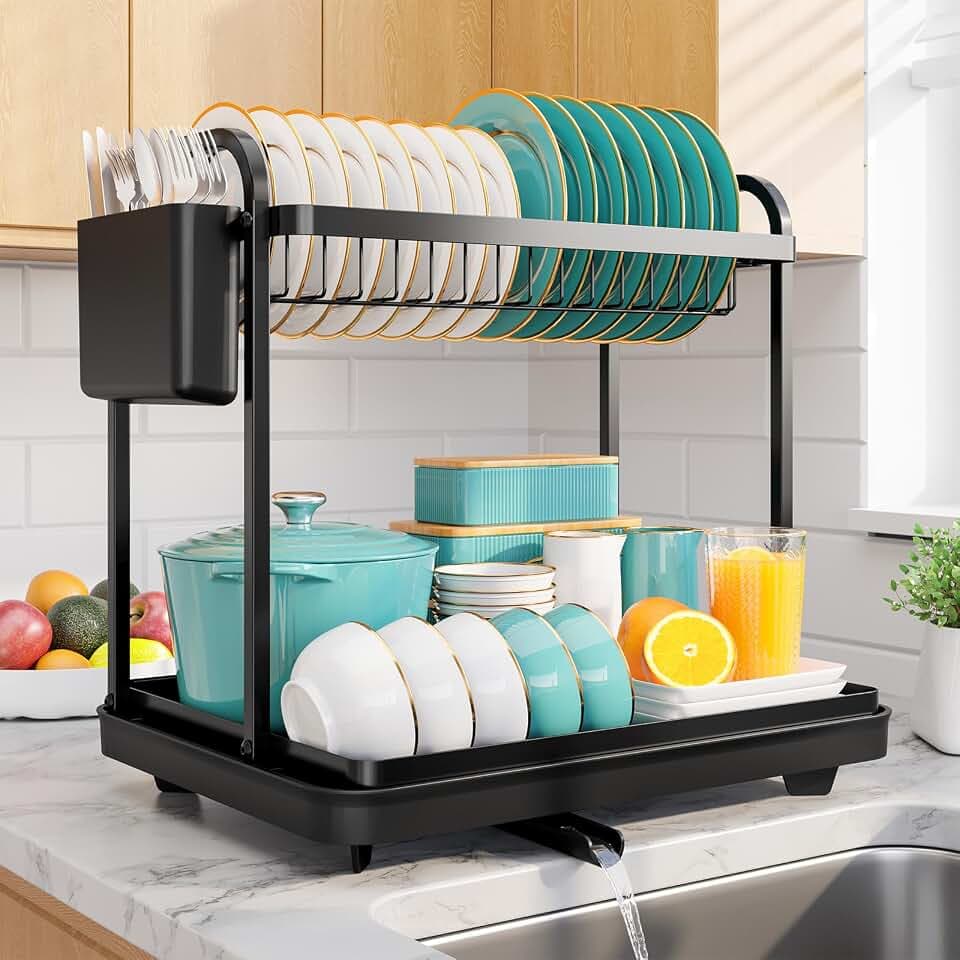 Sakugi 2-Tier Dish Drying Rack - Stainless Steel Dish Rack with Cutlery & Utensil Holders for Kitchen Counter, Sink Organization and Storage for Small Family, 15" W x 11.4" L x 15" H, Black