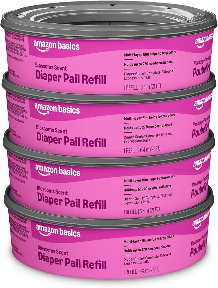 Amazon Brand - Mama Bear Blossoms Scented Diaper Pail Refills for Diaper Genie Pails, Odor Control, 1080 Count (4 Packs of 270 Count), Compatible with Diaper Genie Complete, Elite & Expressions Pails