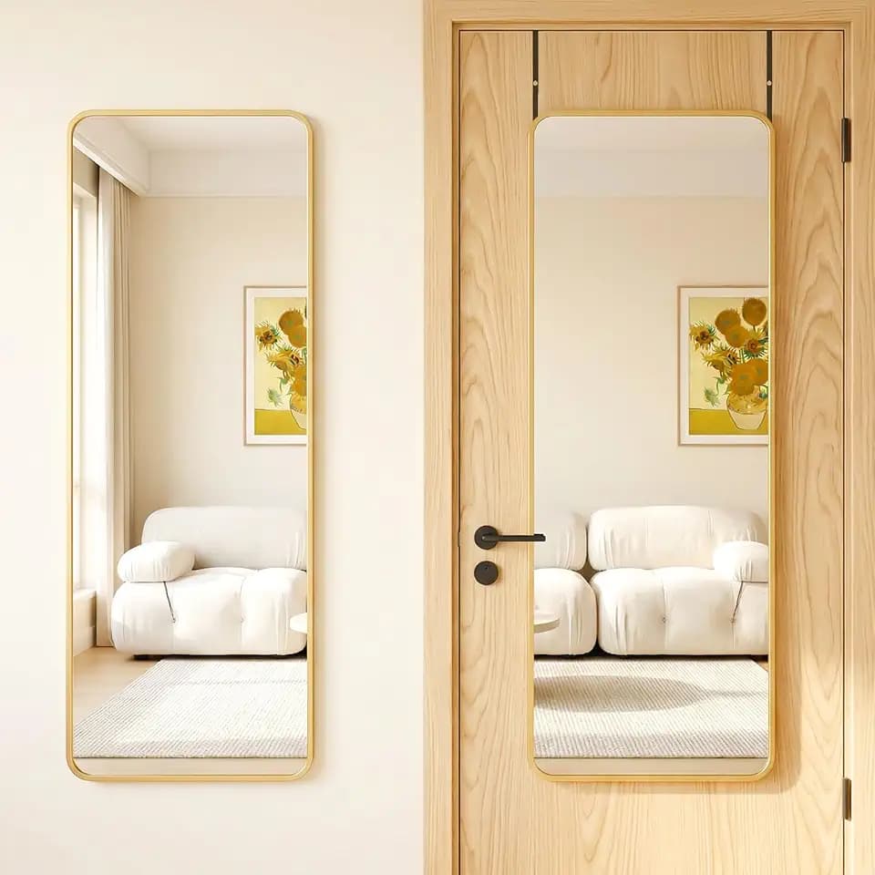 Antok 58"x20" Over the Door Full Length Mirror, Hang or Floor Stand, Gold