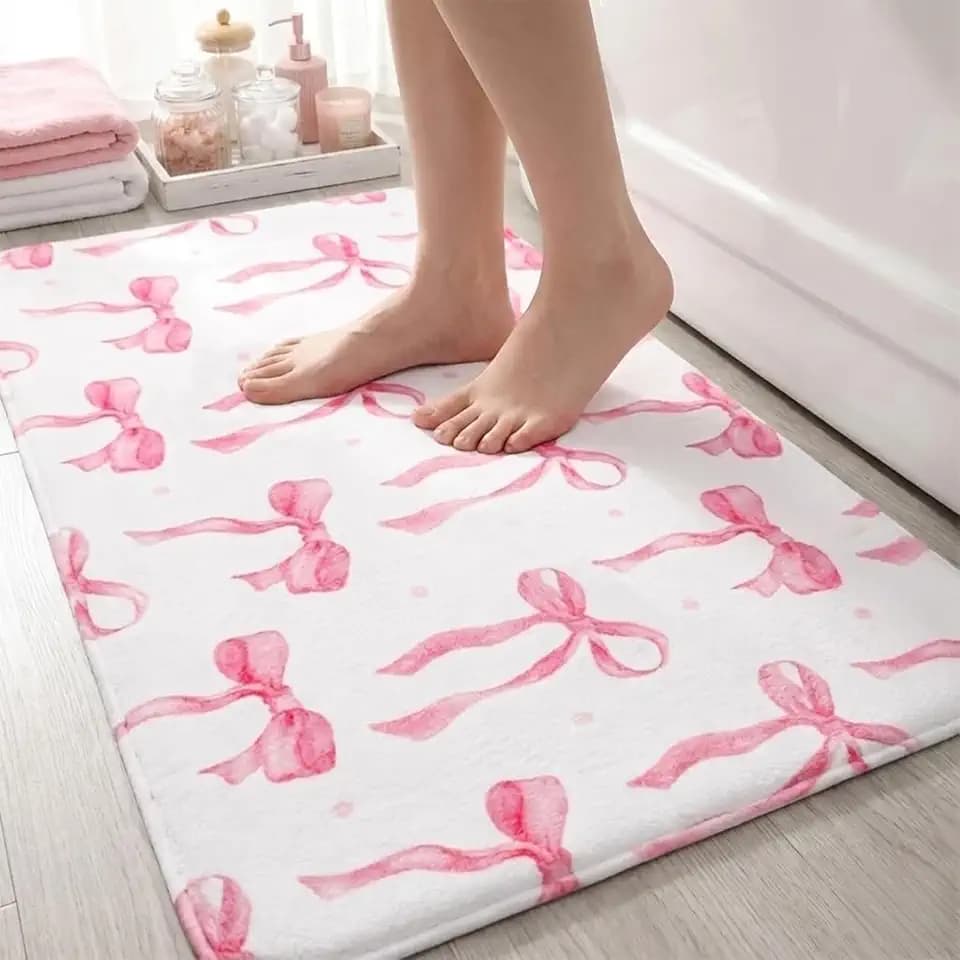 Memory Foam Bath Mat with Pink Bow Pattern,16INX24IN