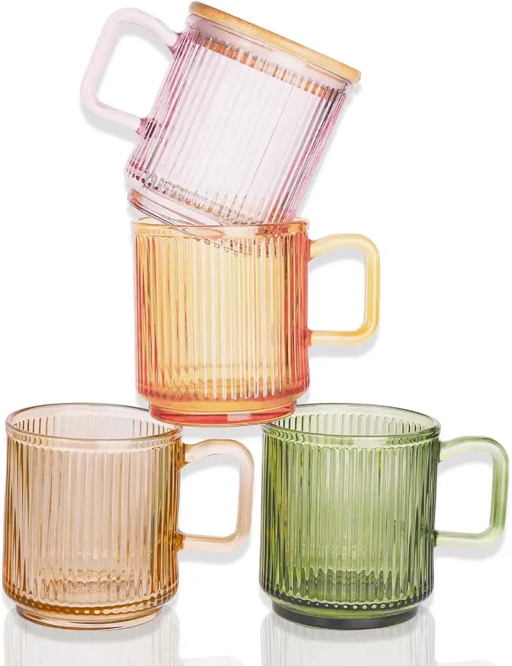 Ribbed Glass Coffee Mug with bamboo lids and handle, so cute, 12oz Tea Drinking Glasses, Fluted Design, Ideal for Water, Iced Coffee, Juice, Latte, Milk, Gift (Colored)
