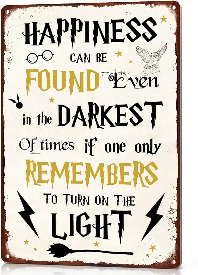 Happiness Can Be Found Even In The Darkest Metal Signs, Vintage Magic Sign for Movie Wizard Theme Lovers Office Decor Motivational Room Wall Decor, 12x8 Inches