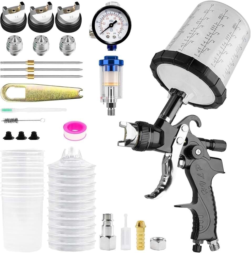 HVLP Fließbecher Lackierpistole Spritzpistole, Premium-Kit mit 1,4/1,7/2,0 mm Düsen & Luftdruckregler und 10 Stück 650ML Mischbecher Farbsprühgerät für den Automobilbereich (Schwarz)