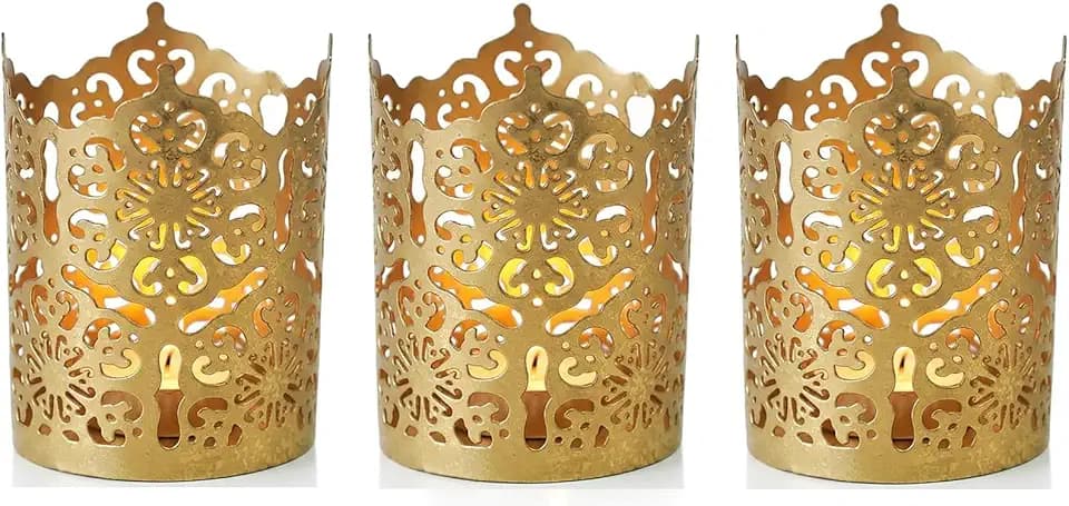 Hosley Set of 3 Gold Diamond Cut Candle Holders 4 Inches High Elevate Your Space with Elegant Metal Candle Holders in a Value Pack