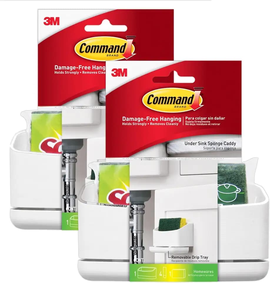 Command Under Sink Sponge Caddy, Total 2 Caddies with 8 Strips, 2 Pack of 1 Caddy, Organize Damage-Free