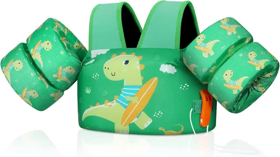 Moko Toddler Swim Vest for Kids, Swim Arm Floaties 22-66 lbs Boys and Girls Cartoon Swimming Water Wings Pool Float Vests Sleeves Shoulder Straps Arm Band for Children Learn to Swim, Green