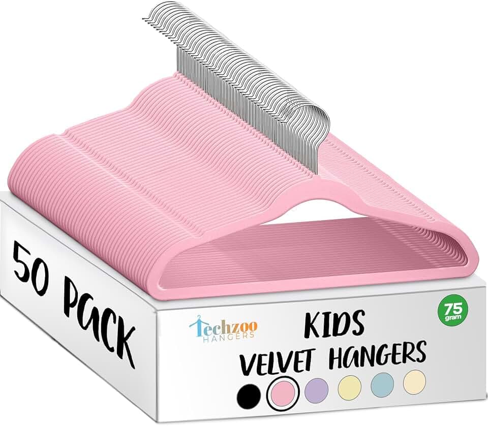 TechZoo 50 Premium Kids Velvet Hangers - 14" Non-Slip Clothes Hangers for Kids & Preteens - Ultra Slim, Space-Saving, Strong & Durable Hangers with 360° Swivel Hook - Pink