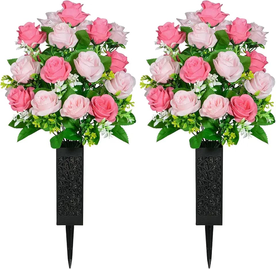Artificial Cemetery Flowers, Set of 2 Grave Memorial Flowers with Vase, Artificial Rose Bouquet for Cemetery Headstones Gravesites Decoration (Pink)