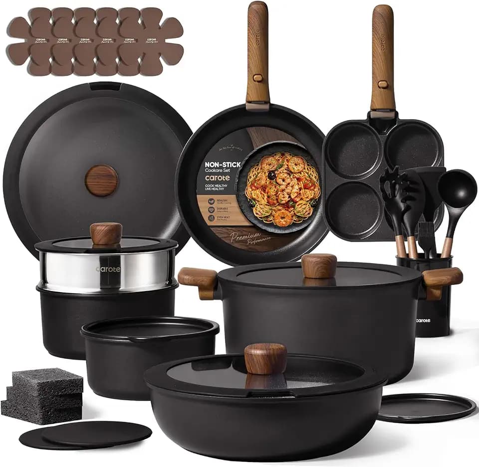 CAROTE 33pcs Pots and Pans Set Non Stick, Detachable Handle Cookware, Black