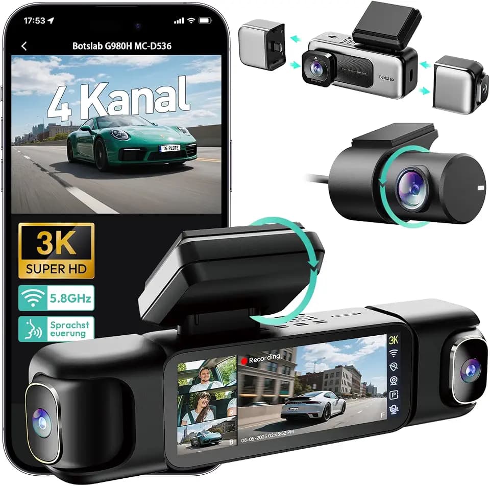 BOTSLAB 4 Kanal Dashcam Auto Vorne Hinten Innen,3K+3*1080P Autokamera, WDR