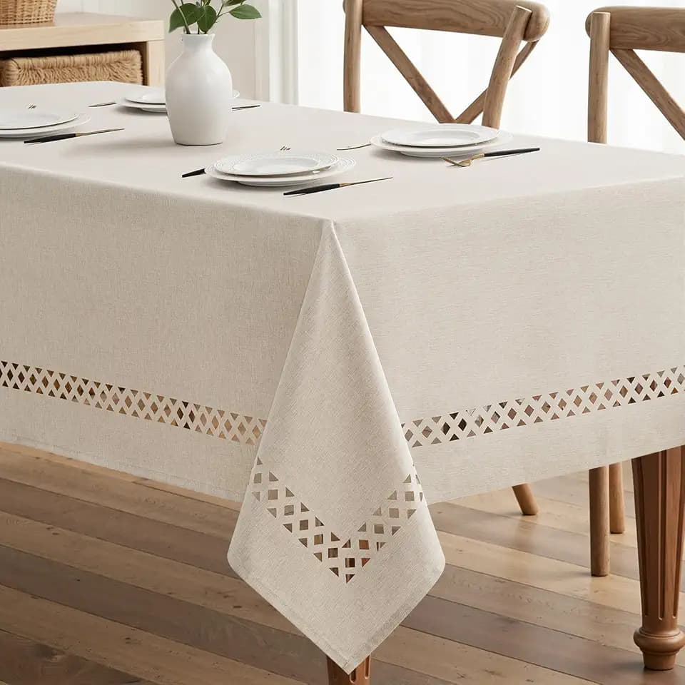 MIULEE Beige Rectangle Tablecloth with Decorative Cutouts 60x144 inch