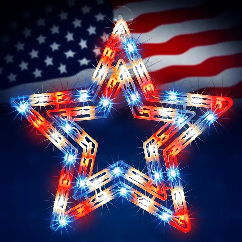 LAMPHOME 14'' Red White Blue Star Window Silhouette Lights, 4th of July Lights, Patriotic Red White and Blue Memorial Day Decorations for Independence Day Indoor Outdoor Holiday Home Yard Light Up